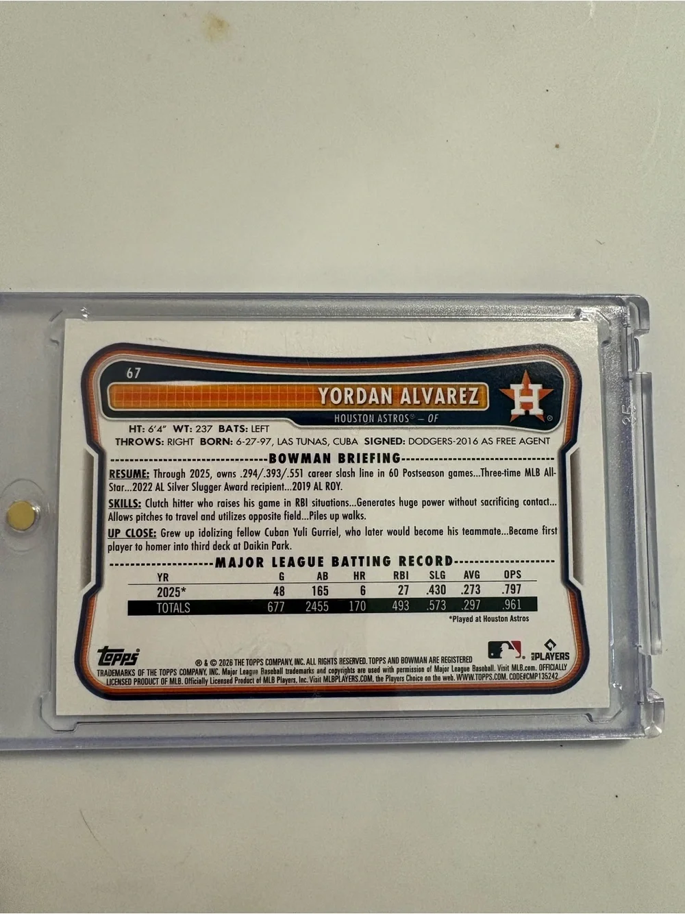 Topps Blue and Orange Houston Astros Yordan Alvarez Trading Card